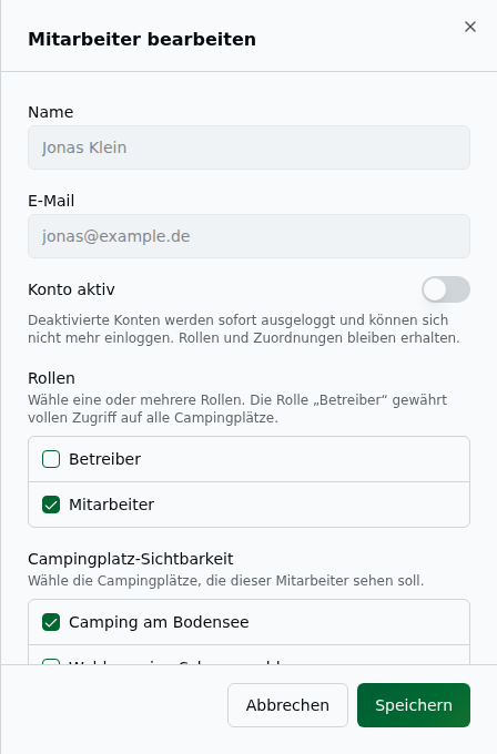 Mitarbeiter-Bearbeitungs-Dialog mit Rollen-Mehrfachauswahl und Campingplatz-Sichtbarkeit