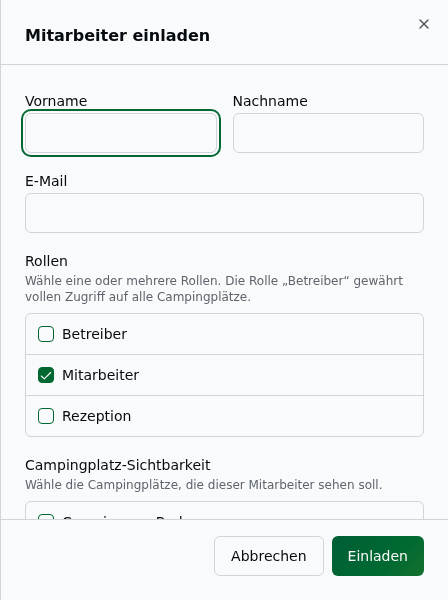 Einladungs-Dialog mit Vorname, Nachname, E-Mail, Rollen-Mehrfachauswahl und Campingplatz-Sichtbarkeit