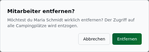 Bestätigungsdialog „Mitarbeiter entfernen?" mit Warnhinweis und Abbrechen-/Entfernen-Button