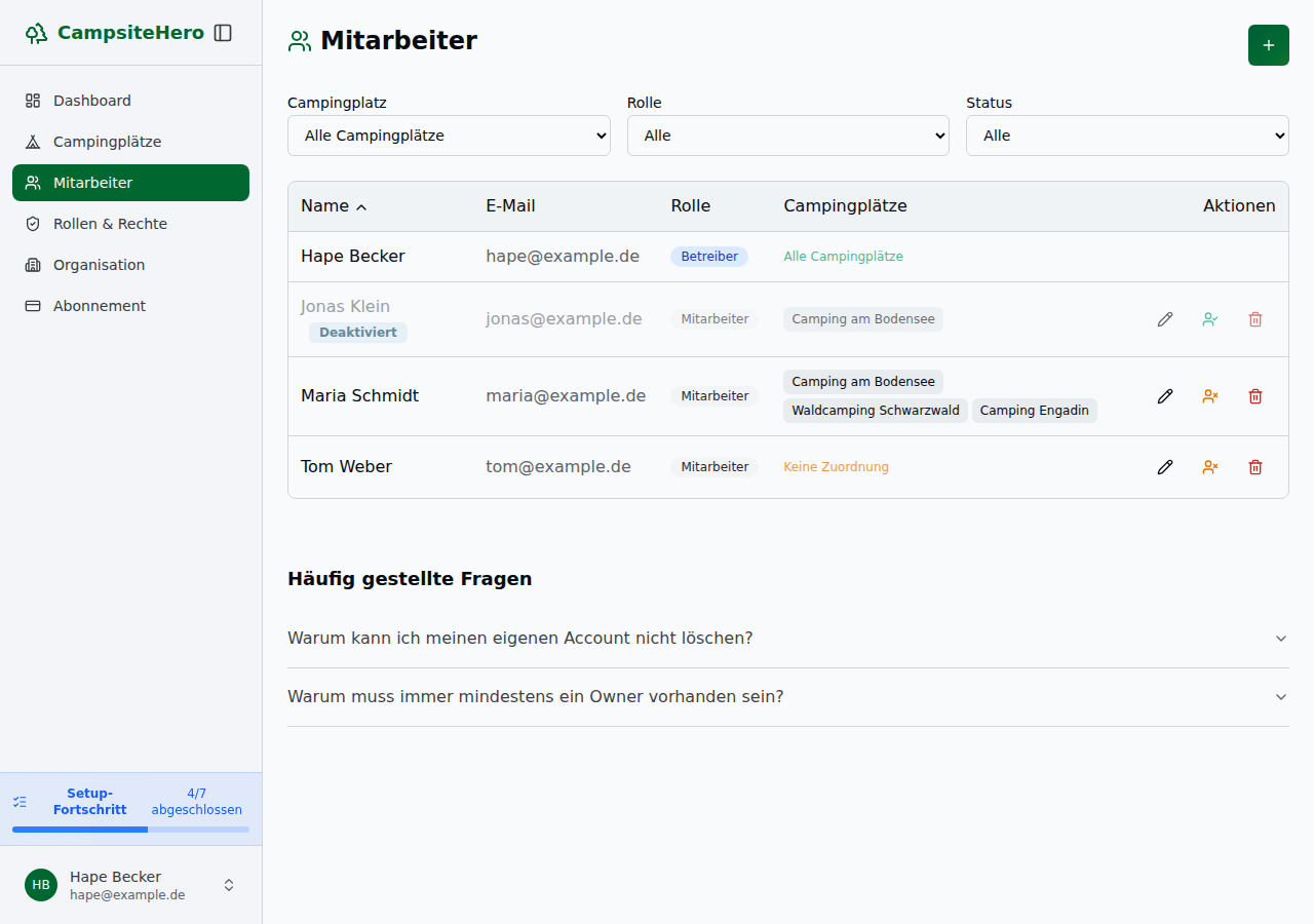 Mitarbeiter-Tabelle auf Desktop mit Rollen-Badges