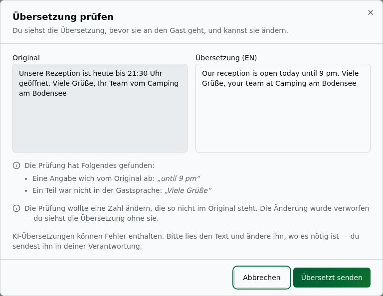 Vorschau-Fenster „Übersetzung prüfen" – links das Original „Unsere Rezeption ist heute bis 21:30 Uhr geöffnet. Viele Grüße, …", rechts die Übersetzung (EN) „Our reception is open today until 9 pm. Viele Grüße, …"; darunter grau „Die Prüfung hat Folgendes gefunden:" mit zwei Punkten („Eine Angabe wich vom Original ab: until 9 pm", „Ein Teil war nicht in der Gastsprache: Viele Grüße") und der Satz, dass eine Zahl-Änderung verworfen wurde