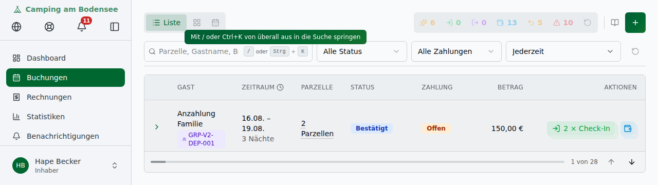 Tooltip beim Überfahren des Keycap-Badges in der Omnibox: „Mit / oder Ctrl+K von überall aus in die Suche springen"