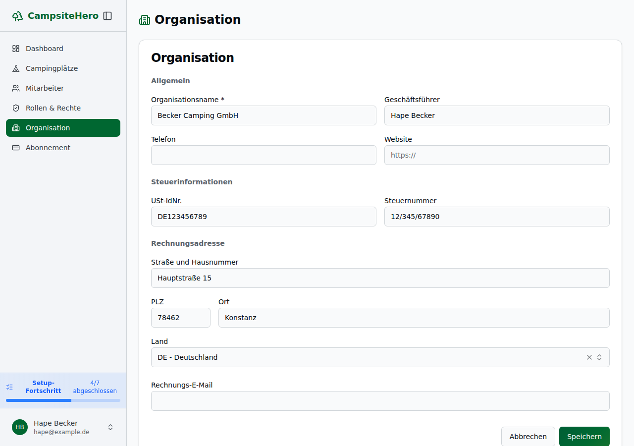 Organisation im Bearbeitungs-Modus mit editierbaren Feldern (Allgemein, Steuerinformationen, Rechnungsadresse, Rechnungs-E-Mail)