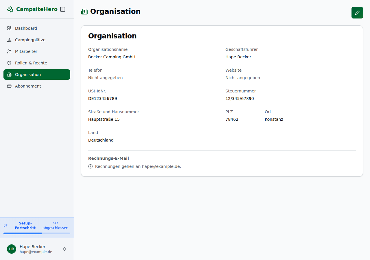 Organisations-Seite mit Seitenleiste