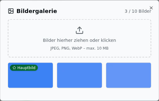 Bildergalerie-Dialog der Parzelle „A1" mit Upload-Zone, dem Zähler „3 / 10 Bilder" und einem Thumbnail-Raster, dessen erstes Bild mit „Hauptbild" markiert ist