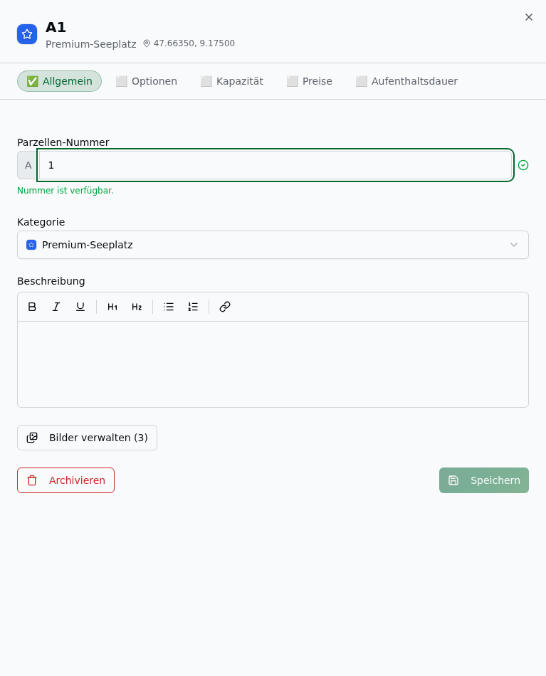 Bearbeitungs-Panel der Parzelle „A1" mit den Tabs Allgemein, Optionen, Kapazität, Preise und Aufenthaltsdauer (Allgemein aktiv) und Status-Indikatoren je Tab