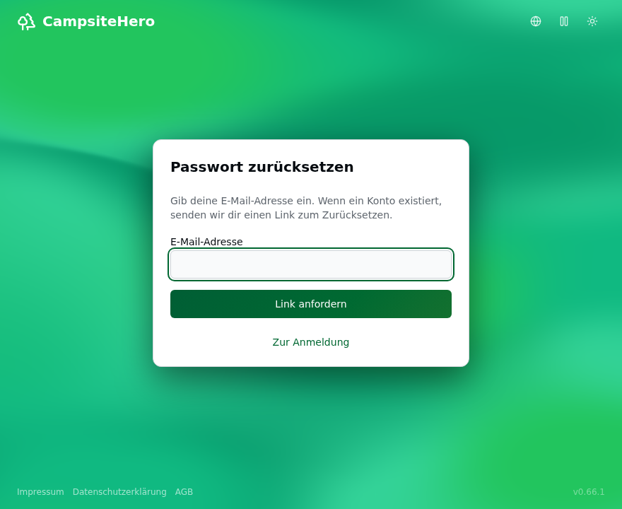 Seite „Passwort zurücksetzen": E-Mail-Feld und Knopf „Link anfordern"