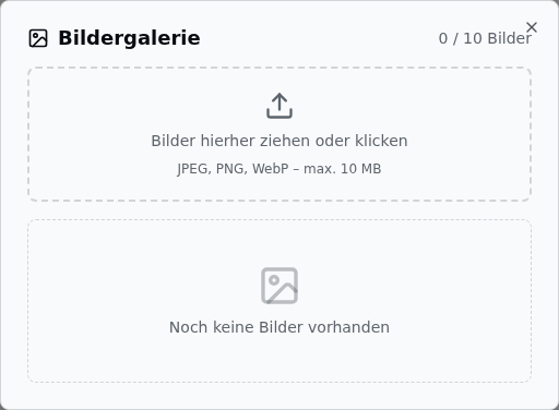 Bildergalerie-Dialog eines POIs mit der Upload-Zone „Bilder hierher ziehen oder klicken" und dem Hinweis „Noch keine Bilder vorhanden"
