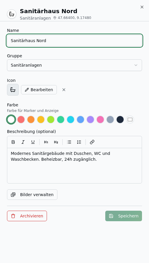 POI-Bearbeitungs-Panel für „Sanitärhaus Nord" mit den Feldern Name, Gruppe, Icon, dem Farb-Picker (12 Voreinstellungen) und dem Beschreibungs-Editor