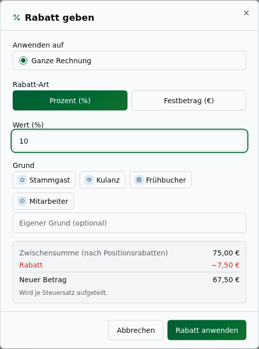Rabatt-Dialog „Rabatt geben": Anwenden-auf-Auswahl, Modus-Umschalter Prozent/Festbetrag, Wert-Eingabe, Grund-Bausteine (Stammgast, Kulanz …) und Live-Vorschau (Zwischensumme, Rabatt, Neuer Betrag)