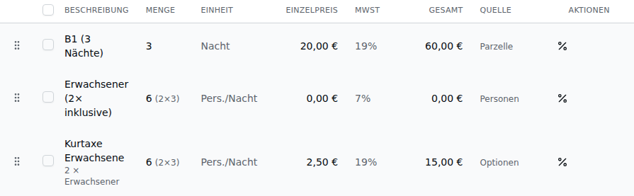 Positionstabelle einer Entwurfsrechnung: je Position ein Prozent-Aktionsbutton in der Spalte „Aktionen"