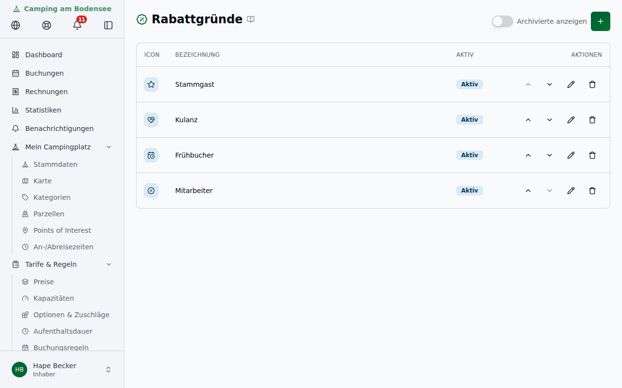 Seite Rabattgründe: Tabelle mit den Spalten Icon, Bezeichnung, Aktiv-Badge und Aktionen (Reihenfolge ändern, Bearbeiten, Löschen)