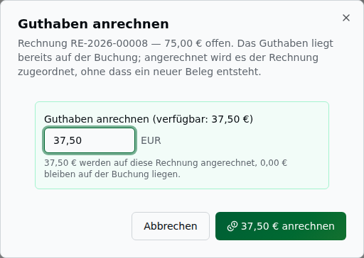 Dialog „Guthaben anrechnen" zur Rechnung RE-2026-00008 (75,00 € offen) – Erklärtext „Das Guthaben liegt bereits auf der Buchung; angerechnet wird es der Rechnung zugeordnet, ohne dass ein neuer Beleg entsteht", Betragsfeld 37,50 EUR und die Knöpfe „Abbrechen" und „37,50 € anrechnen"