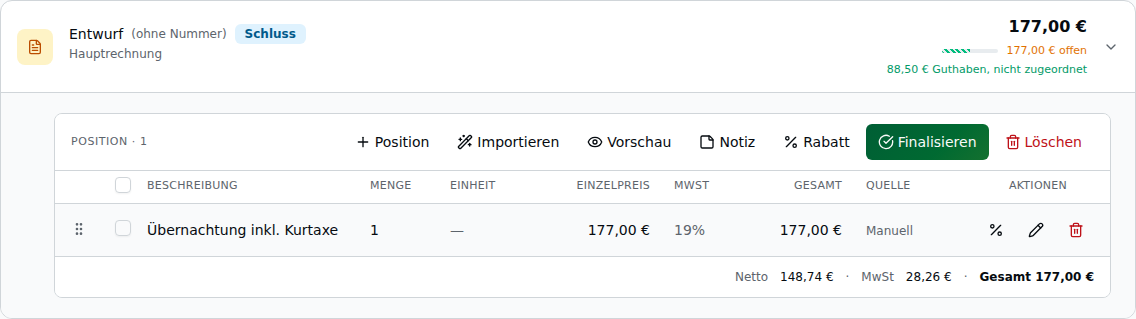 Rechnungskarte eines Entwurfs über 177,00 € – rechts oben „177,00 € offen", darunter in Grün „88,50 € Guthaben, nicht zugeordnet" und daneben der schraffierte Anteil im Fortschrittsbalken