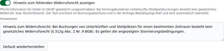 Tab Rechtliches: aktivierter Schalter „Hinweis zum fehlenden Widerrufsrecht anzeigen" mit Hinweistext-Feld (§ 312g BGB) und Knopf „Default wiederherstellen"