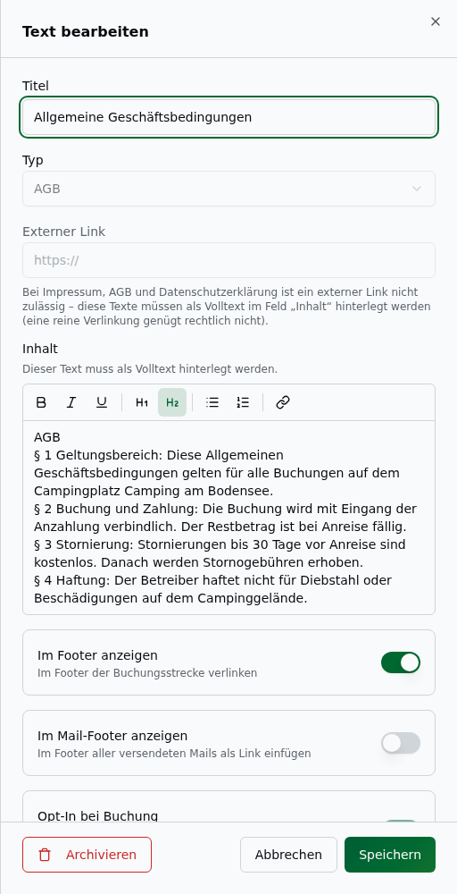 Edit-Sheet eines AGB-Textes: gesperrtes Feld „Externer Link" mit Hinweis zur Volltext-Pflicht und das Pflicht-Inhaltsfeld mit hinterlegtem AGB-Volltext
