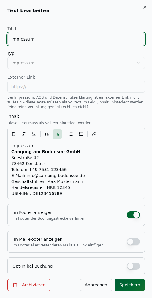 Impressum im Rechtstexte-Editor: Titel „Impressum", Typ „Impressum" und das Inhaltsfeld mit den Pflichtangaben (Anschrift, Geschäftsführer, Handelsregister, USt-IdNr.)