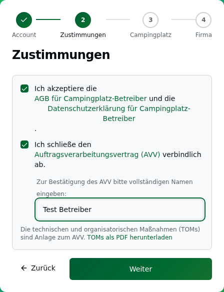 Registrierung Schritt 2 „Zustimmungen" mit der kombinierten AGB-/Datenschutz-Checkbox, der AVV-Checkbox und dem eingeblendeten Unterschriftsfeld