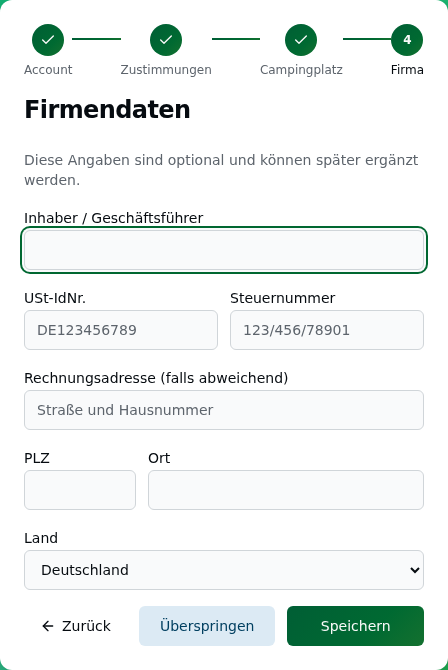 Registrierung Schritt 4 „Firmendaten" mit den optionalen Feldern Geschäftsführer, USt-IdNr., Steuernummer und Rechnungsadresse sowie den Buttons Überspringen und Speichern