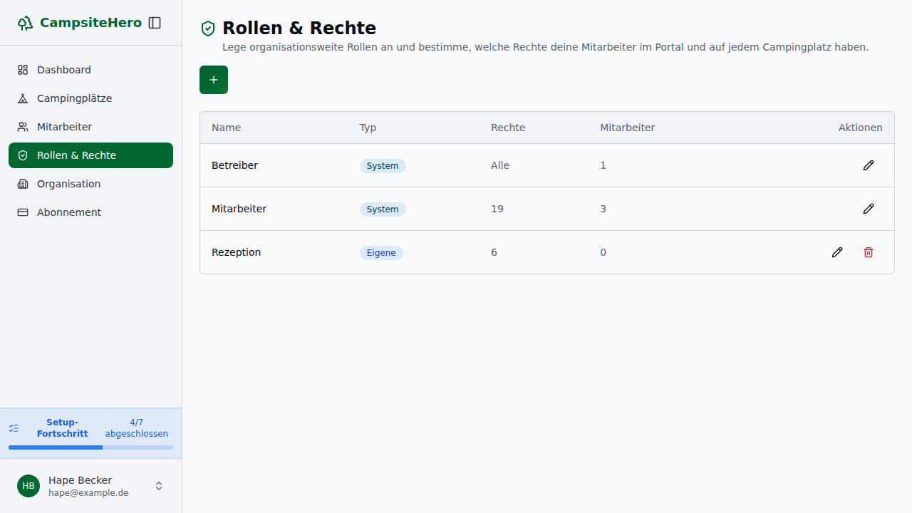 Seite „Rollen & Rechte": Liste mit den System-Rollen „Betreiber" und „Mitarbeiter" sowie eigenen Rollen wie „Rezeption"