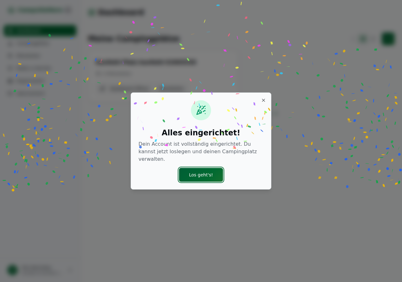 Glückwunsch-Dialog „Alles eingerichtet!" mit Konfetti über dem Dashboard und dem Knopf „Los geht's!"