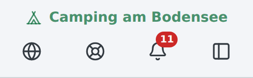 Sidebar-Kopf (Desktop): Campingplatzname „Camping am Bodensee" mit Zelt-Icon, darunter die Icon-Reihe Buchungsstrecke · Hilfe & Kontakt · Glocke (mit Zähler) · Ein-/Ausklappen