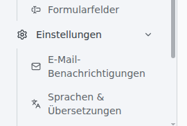 Seitenleiste mit aufgeklappter Gruppe „Einstellungen" – darunter der Menüpunkt „Sprachen & Übersetzungen" (neben „E-Mail-Benachrichtigungen")