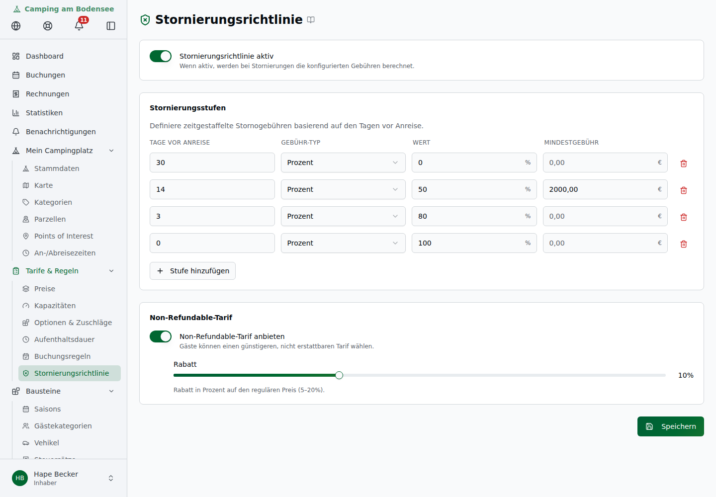 Seite Stornierungsrichtlinie mit Aktiv-Toggle, Stornierungsstufen-Tabelle und nicht erstattungsfähigem Tarif mit Rabatt-Slider