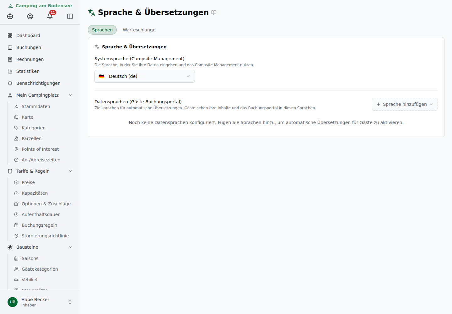 Dropdown „Sprache hinzufügen" mit Auswahlliste der verfügbaren Datensprachen (Englisch, Französisch, Italienisch … mit Flaggen)