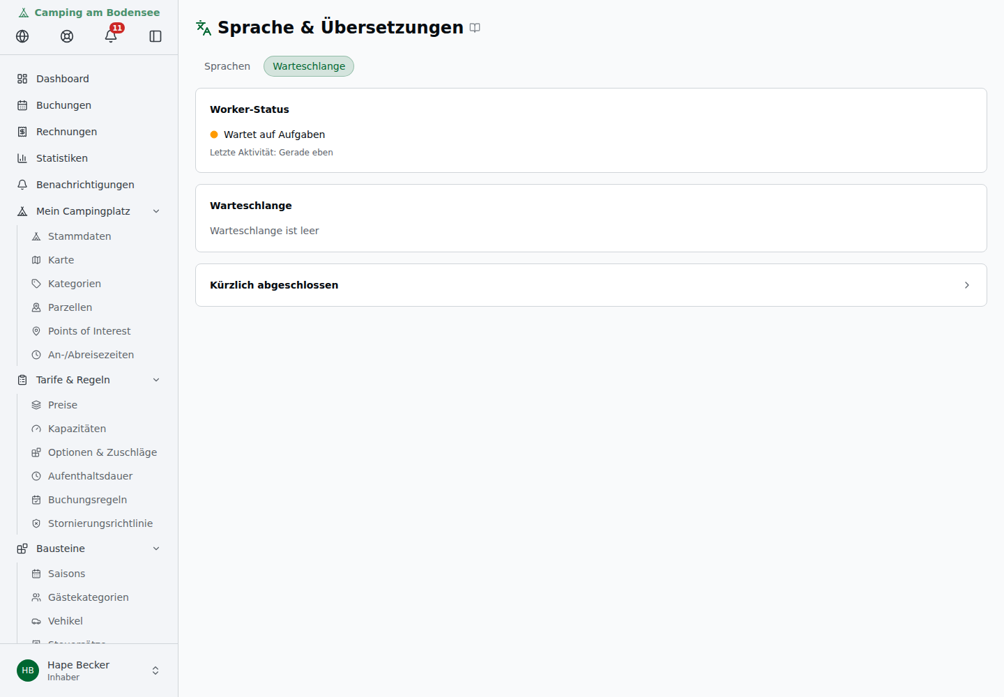 Tab „Warteschlange" auf der Seite „Sprache & Übersetzungen" – Status des Übersetzungs-Workers und ausstehende Jobs